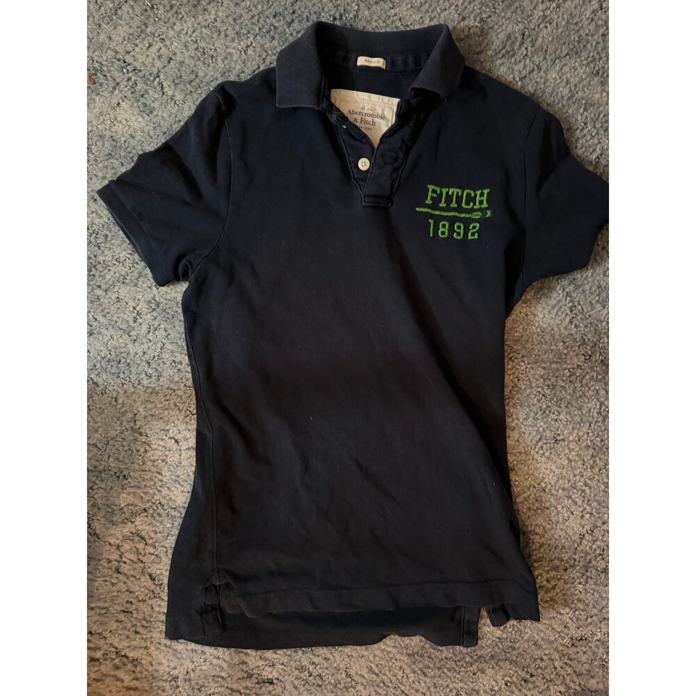 Y2K Abercrombie & Fitch Men's Muscle Fit Green Logo Navy Polo Shirt - Size L